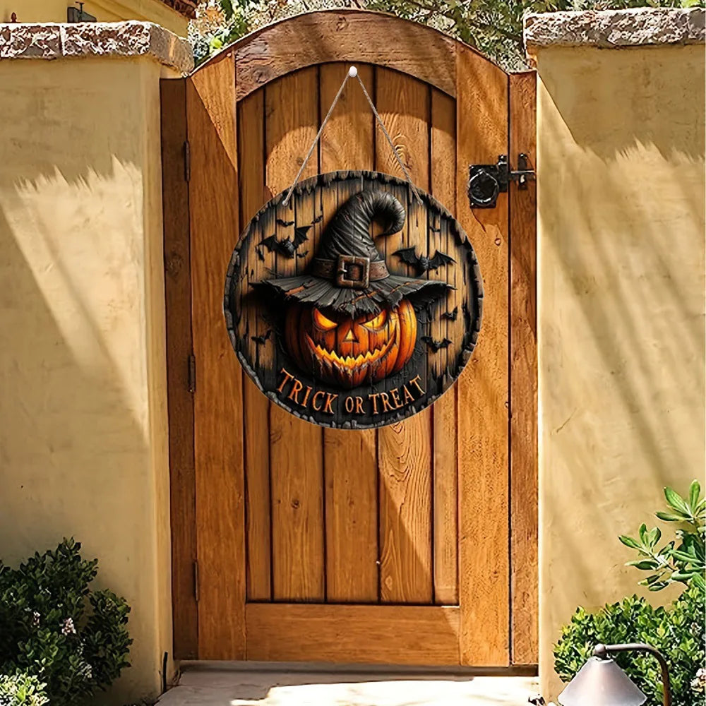 Wooden Halloween Round Sign – Pumpkin & Ghost 20 cm