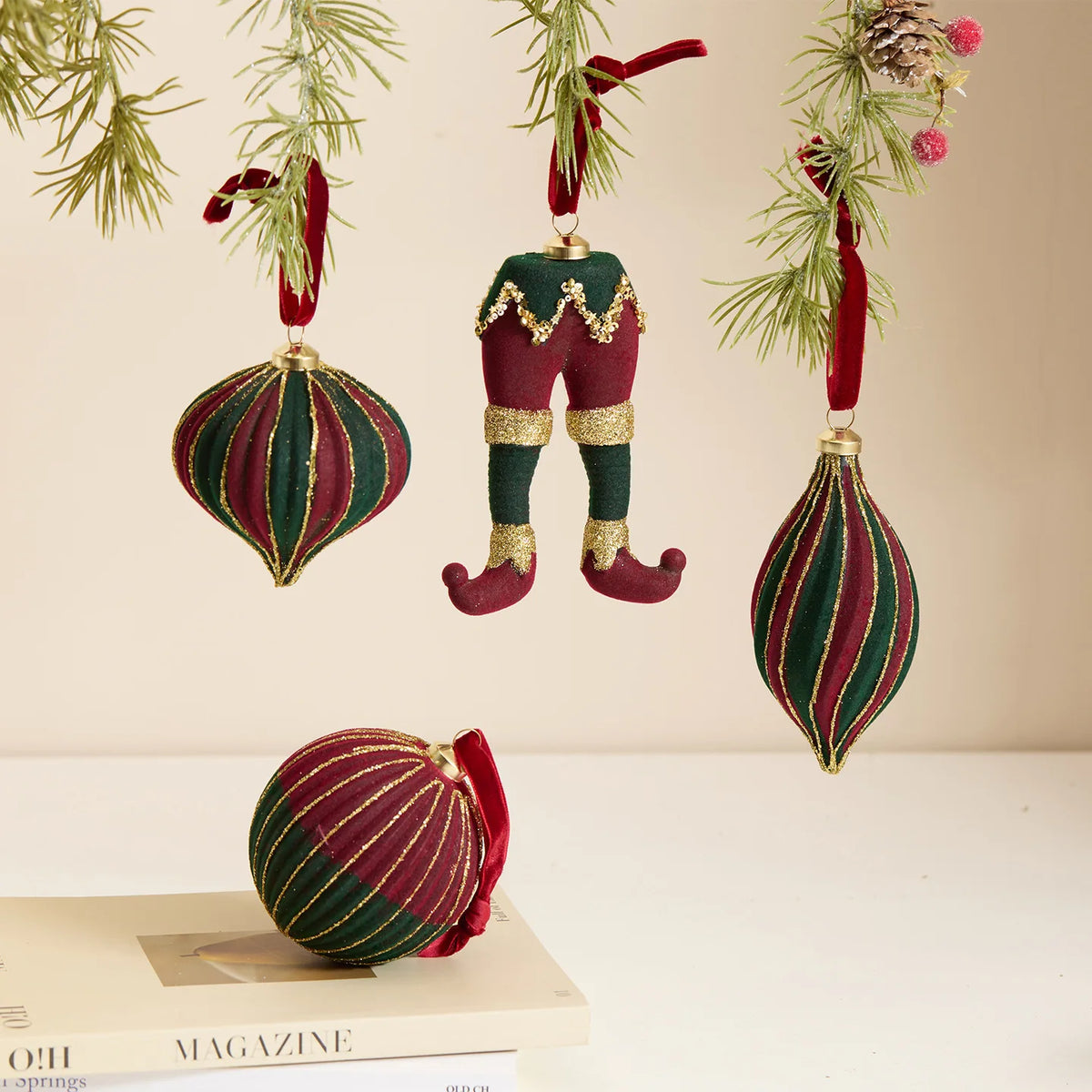 Vintage Plush Christmas Bauble Ornament Set - B - LOWZY