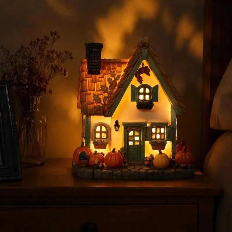 LED autumn pumpkin house resin ornament with warm light