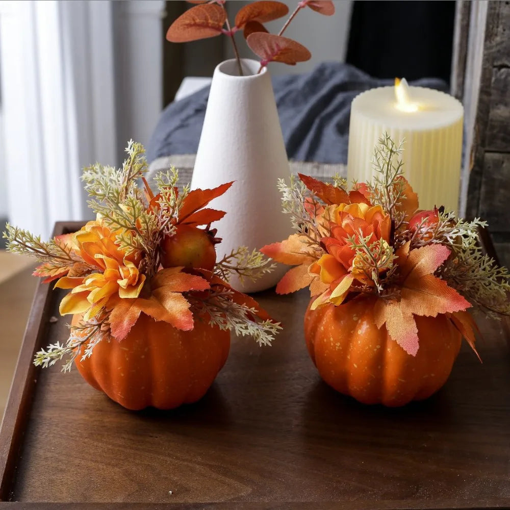 artificial autumn pumpkin ornament with chrysanthemum detail