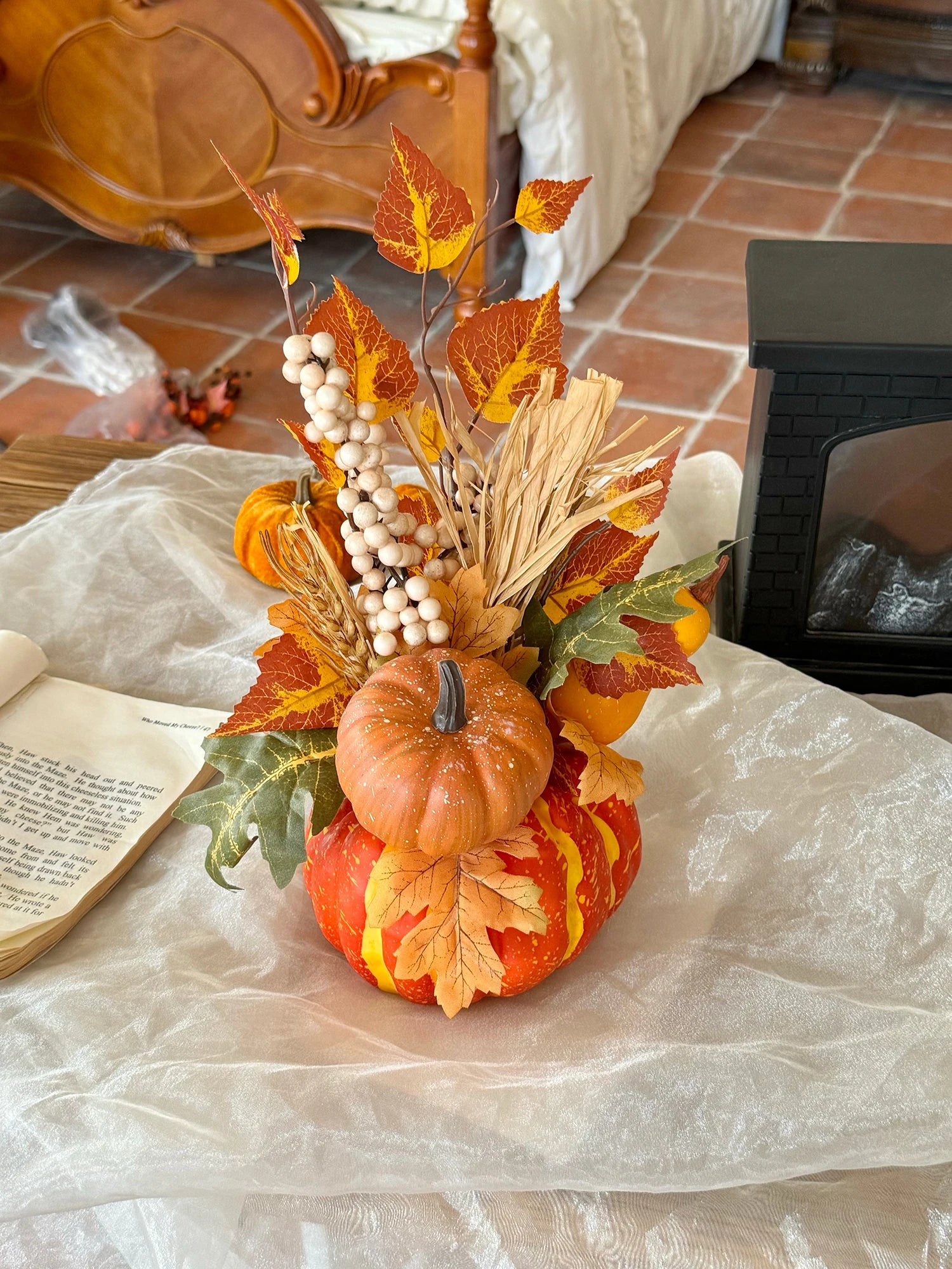Artificial Pumpkin & Maple Leaf Autumn Decoration – 29 cm