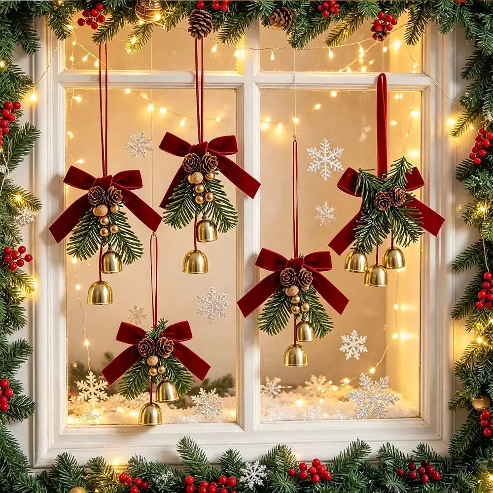 Christmas Bell Decoration with Velvet Bow & Pine - 2 bells - LOWZY