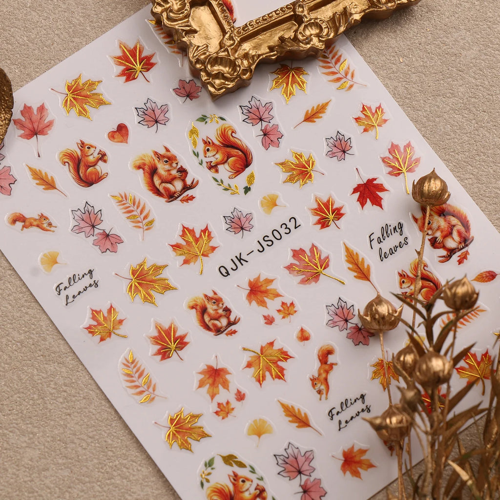 Metallic Autumn Nail Art Stickers – Fox, Hedgehog & Leaves