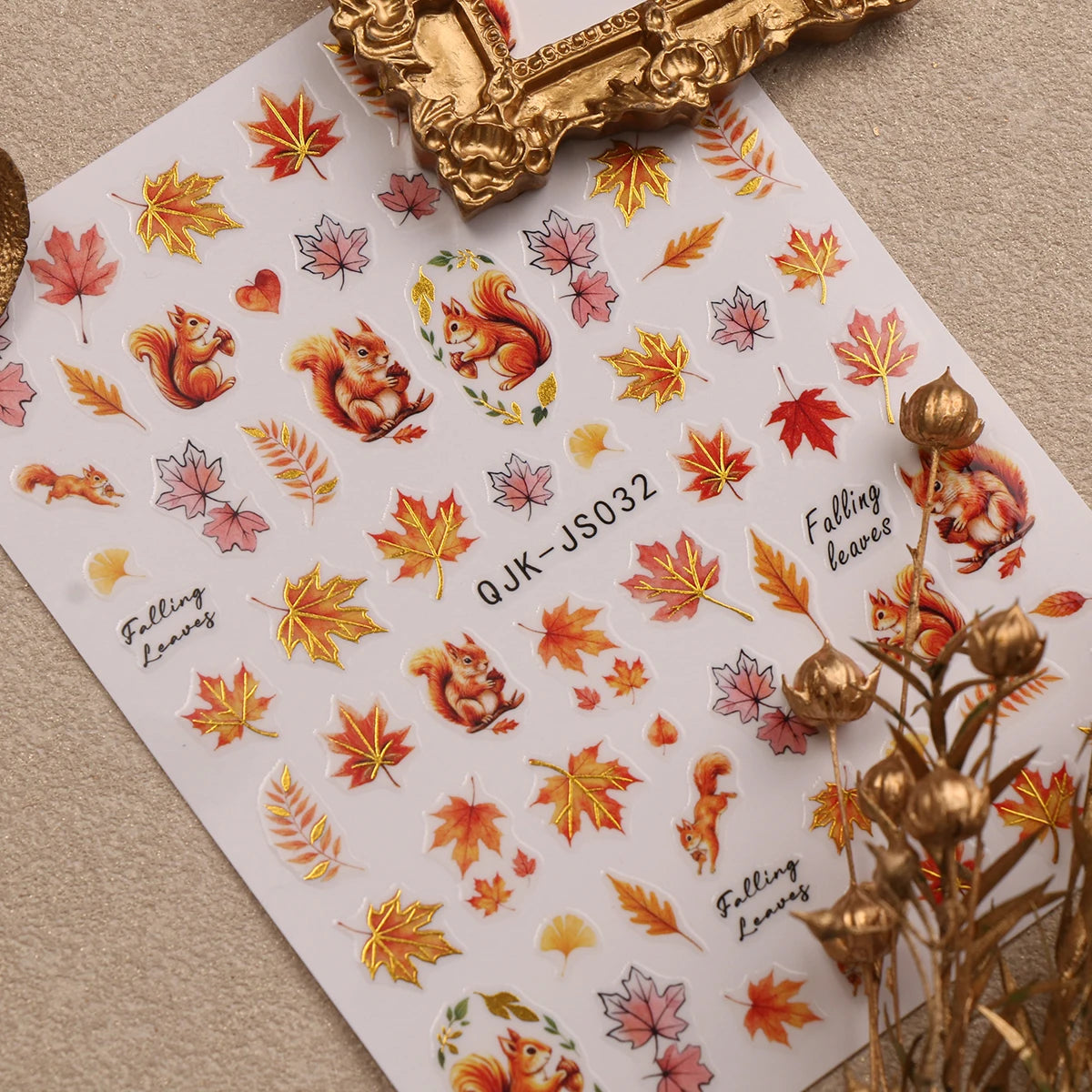 Metallic Autumn Nail Art Stickers – Fox, Hedgehog & Leaves