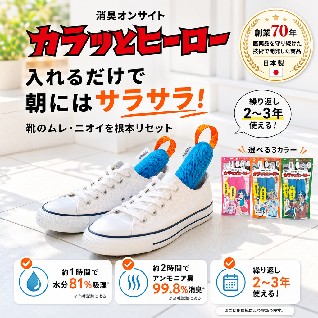 Karatto Hero reusable moisture absorbers placed inside shoes